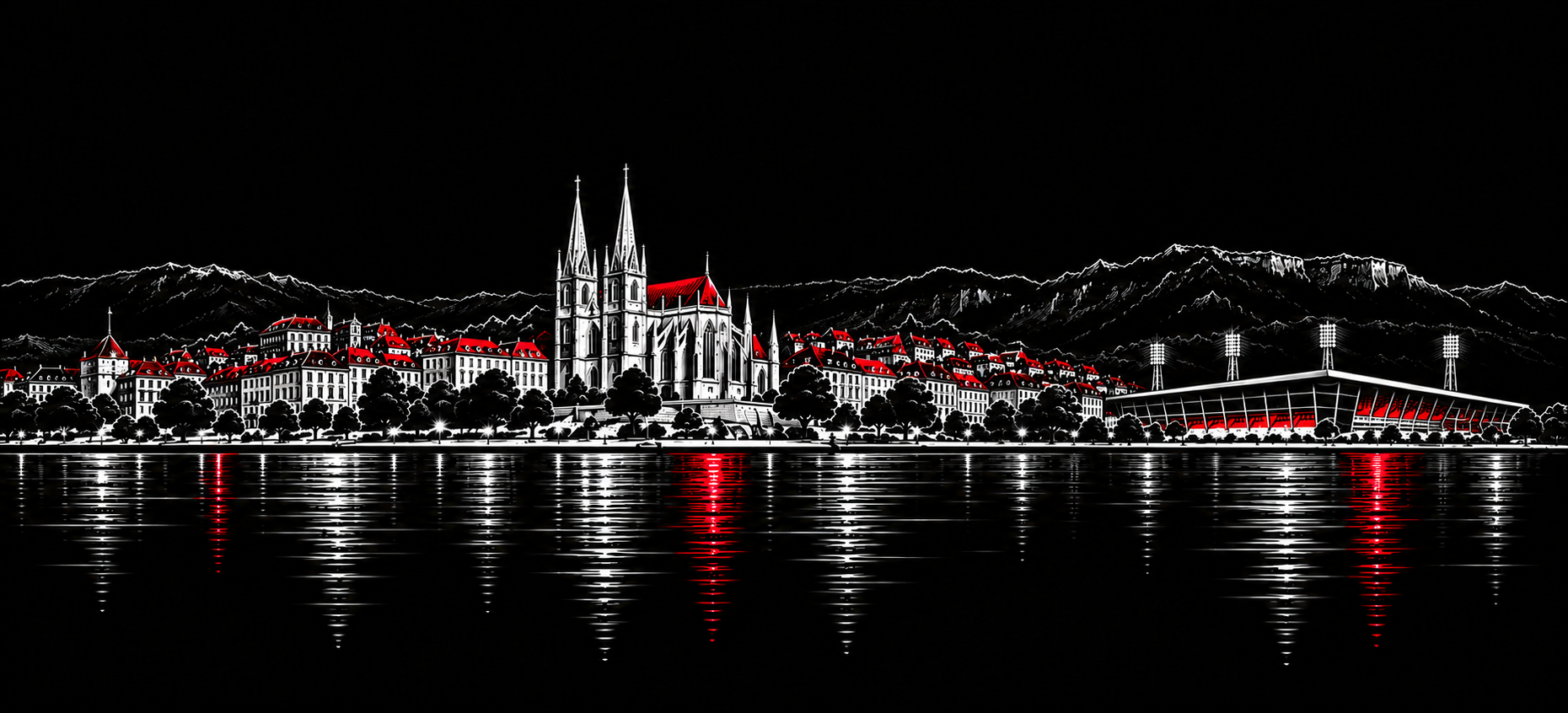 Illustration panoramique de Neuchâtel avec la collégiale, le lac et le stade de la Maladière.
